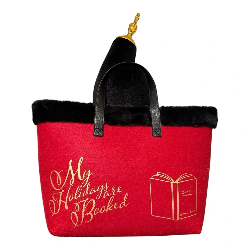 Barnes & Noble Red and Gold Tote Black Faux Fur Bag with Bookish Charm - Picture 2 of 7